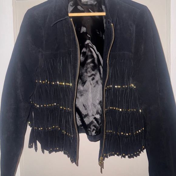 Berek Black Fringe Bomber Jacket with Gold Accents - Picture 1 of 8